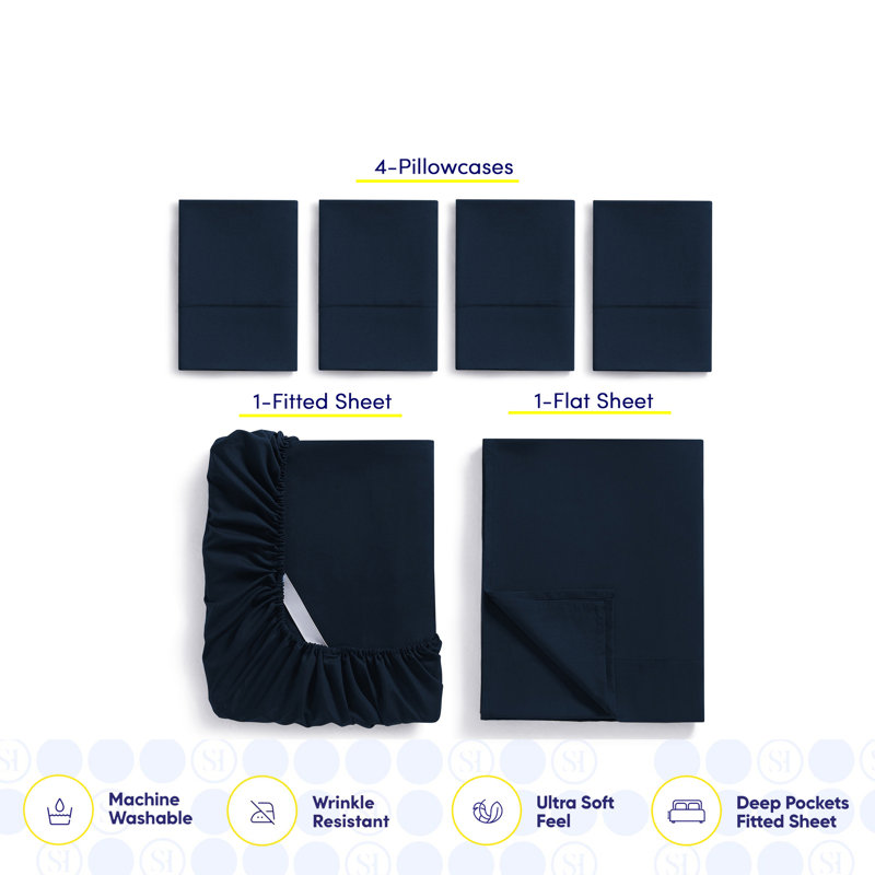 Ensemble de draps luxueux en microfibre douce avec taies d'oreiller en prime, Bleu marine