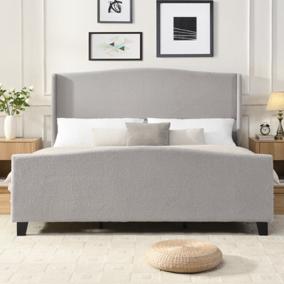 King Size Bed Frame With 49.21"High Back Upholstered Headboard And 27.17" High Footboard,Teddy Velvet,12 Slat Support,Solid Wood Feet,No Box Spring Needed