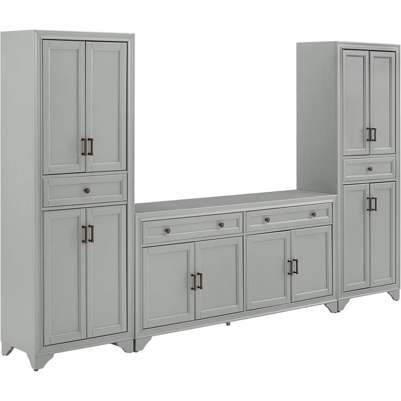 3-Piece Farmhouse Sideboard Buffet Cabinet & Kitchen Pantry Set, Distressed Gray