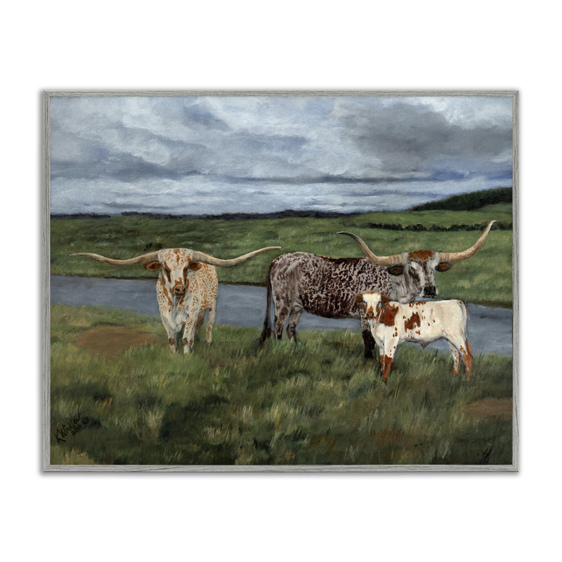 Trio de bovins Longhorn, art giclée par Kathy Winkler, H 11 po x l 14 po, Estampe numérique Farmhouse