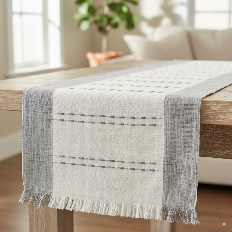 Chemin de table et napperons en coton tissé, chemin de table de salle à manger, foulard de commode style campagnard, Gris