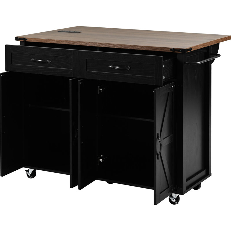 Îlot de cuisine de 53,5 po avec abattant, bloc d'alimentation, chariot roulant, l 53,5 po x P 29,2 po, H 36,5 po, prise noire pour salle à manger et salle à manger, 2 tiroirs, 29,2 po