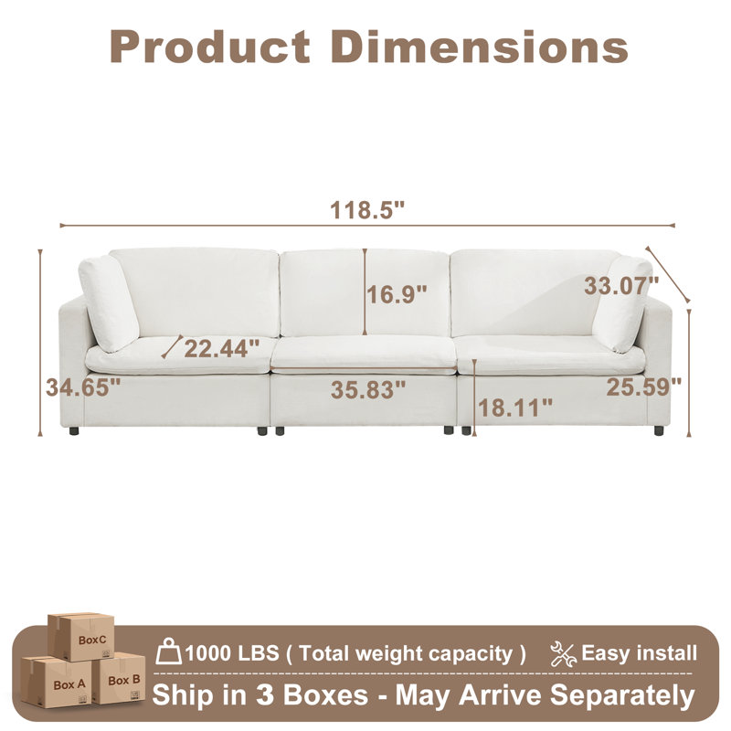 118.5” W Oversized Down-Filled 3-Seater Modular Sofa, Beige Chenille