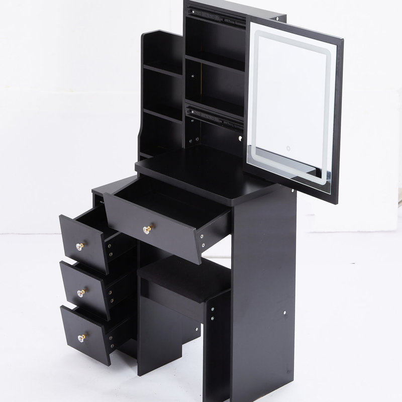 Compact Left Bedside Vanity With Led Mirror, Adjustable Brightness & Color Choices, Cushioned Seat, , Black, For Small Rooms Space- Dressing Stool Touch Control Variable And Switching, Black American