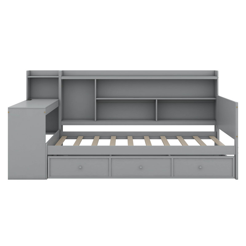 Wooden Daybed With 3 Drawers, USB Ports And Desk, Gray, Twin