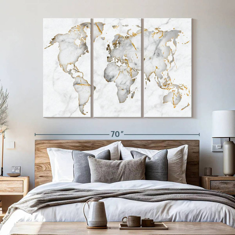 Carte du monde en marbre blanc, carte du monde sur toile, ensemble de 3 pièces, H 42 po x l 65 po x P 1,25 po