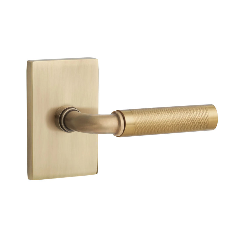 Mortaise intérieure Emtek Select avec rosette rectangulaire moderne et tige R-Bar, levier moleté, Laiton satiné, Oui