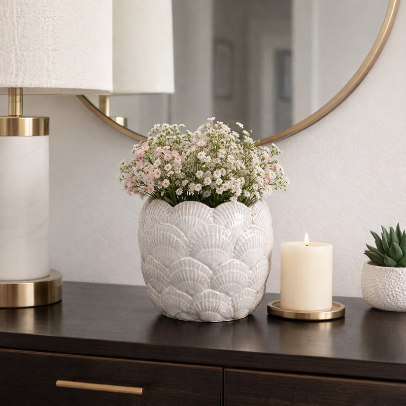 Stoneware Ceramic Planter with Embossed Scale Texture and Scalloped Rim Decorative Modern Pot, 8" H x 10" W x 10" D