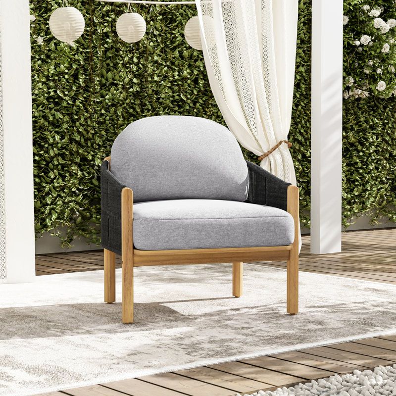 Fauteuil club d'extérieur en bois avec décoration en corde gris foncé et coussin en bois de haute qualité, configuration élastique