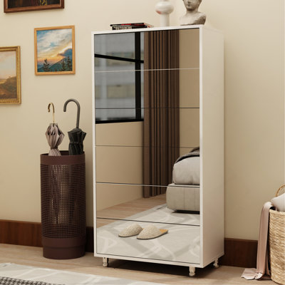 Mirror Shoe Cabinet With 6 Flip Drawers, Mirror Shoe Rack Organizer Store Ample Shoes, Mirror Shoe Storage With 4 Metal Legs, Door Opening Using Hand-Touch Flip-Out Door