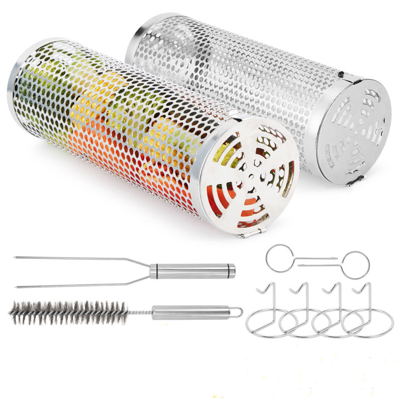 2 Pack Round Hole Rolling Grill Basket 12"