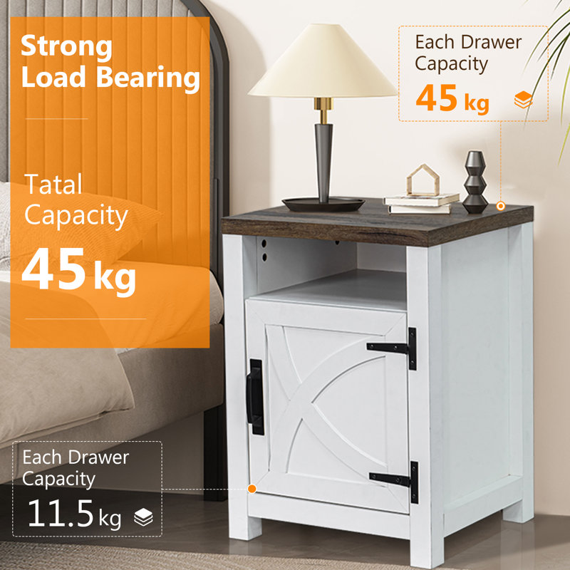 40cm W Solid Wood Bedside Table, White/Grey