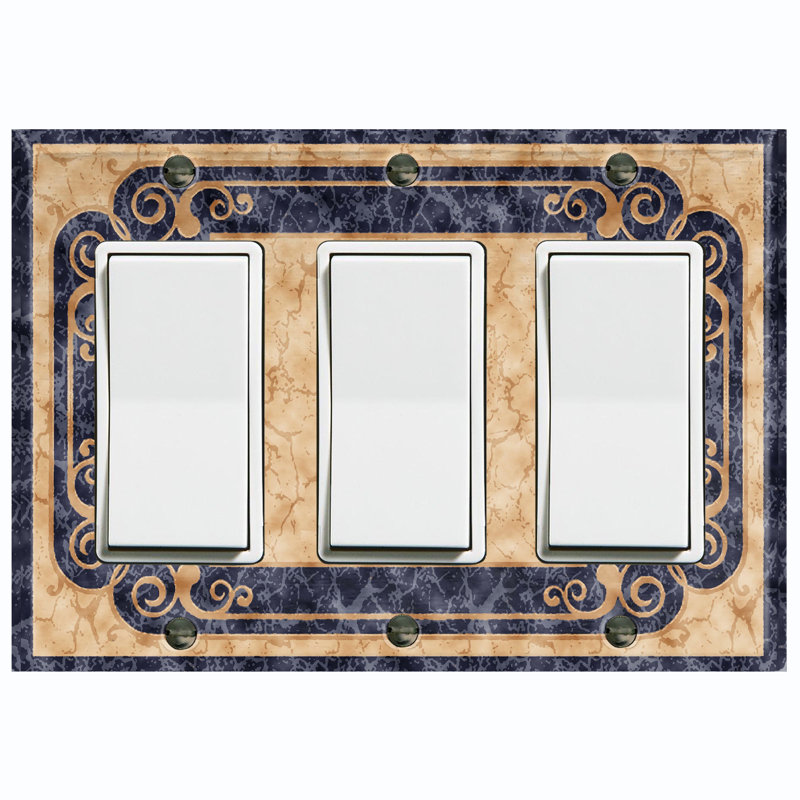 Metal Light Switch Plate Outlet Cover (Elegant Beige Black Carpet Rug Print - Triple Rocker)