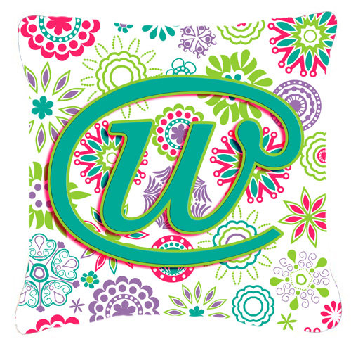 Monogramme initiale fleurs intérieur/extérieur Throw Pillow, W, 14" H x 14" L x 4" D