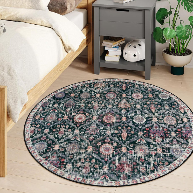 Tapis marocain rond à motif treillis marocain, petit tapis rond lavable antidérapant de 3 pieds, tapis rond ultra-fin doux pour la salle de bain, la cuisine, le vestibule, noir / multicolore