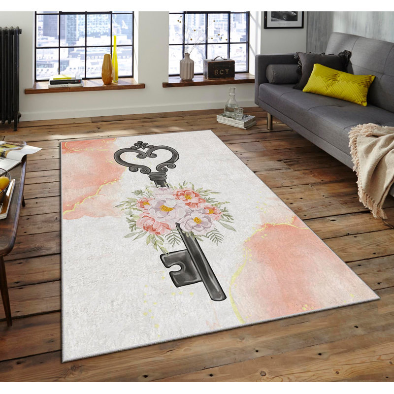Tapis rectangulaire en polyester tissé à la machine Bedolla ivoire / rose / gris, Rectangle 4 pi 7 po x 7 pi 3 po