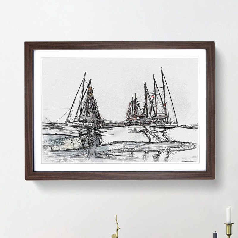 Boats in Majorca in Abstract - Picture Frame Drawing Print, Walnut Framed, 62cm H x 87cm W x 2cm D