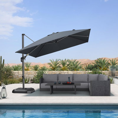 10' Square Large Cantilever Grey Umbrella with Base and 60-degree Rotation