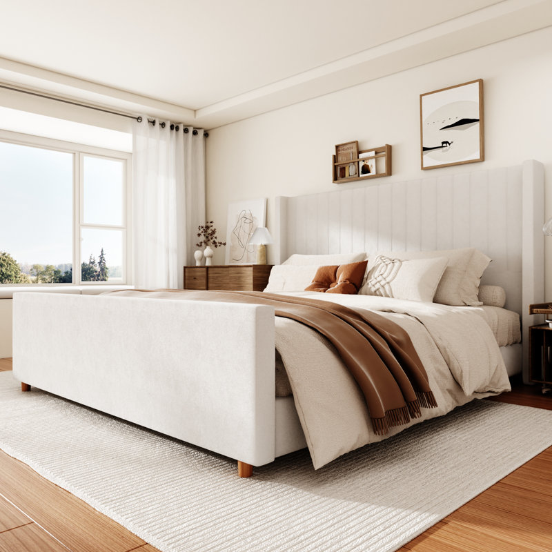 Plainfield Bed Frame with Wingback Headboard and Footboard, Beige, King