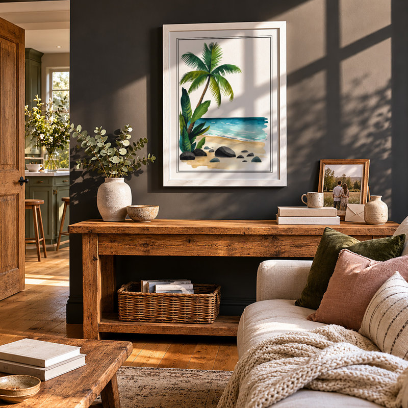 Tropical Shoreline Coastal - Framed Print, A2 - 59.4 x 42.0 cm, White