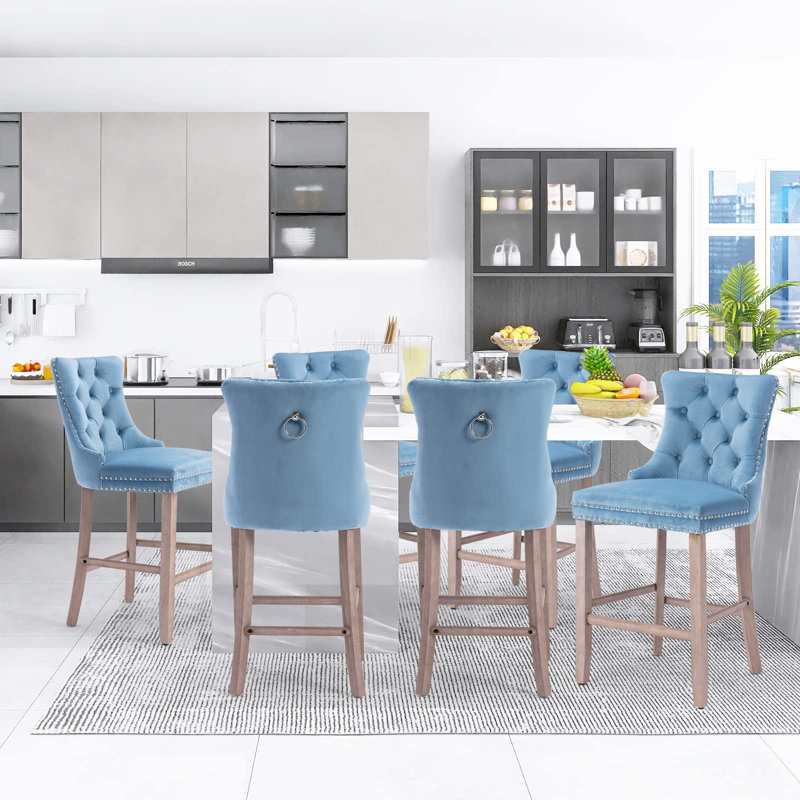 Ensemble de tabourets de bar rembourrés Modern Velvet, Marron clair, Bleu ciel