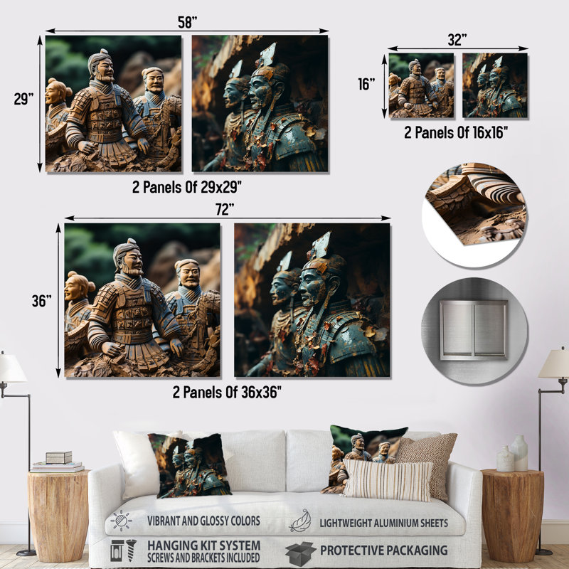 «China Terracotta Warriors I», ensemble de 2 carrés de salon en métal chinois, H 16 po x l 32 po
