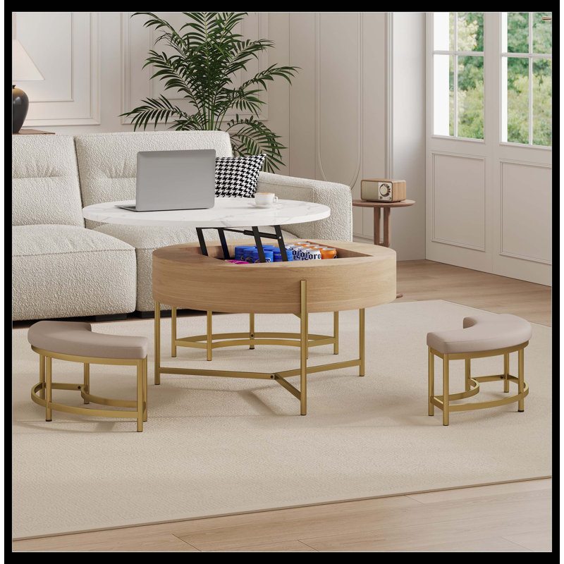 Table basse moderne à plateau relevable avec rangement et 3 repose-pieds blanc et naturel, Naturel
