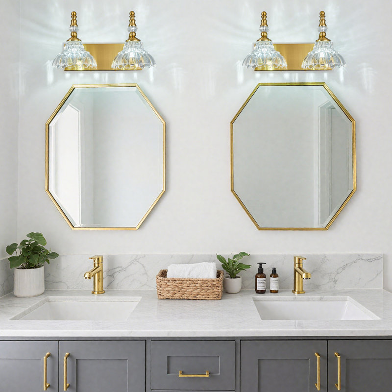 Luminaires de salle de bain rétro au-dessus d'un miroir, éclairage de meuble-lavabo avec abat-jour en verre fleuri, Doré