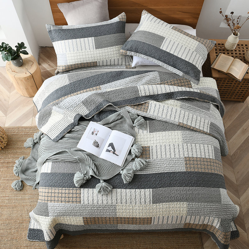 King Size Grey Tan Black Cotton Patchwork Quilt Set