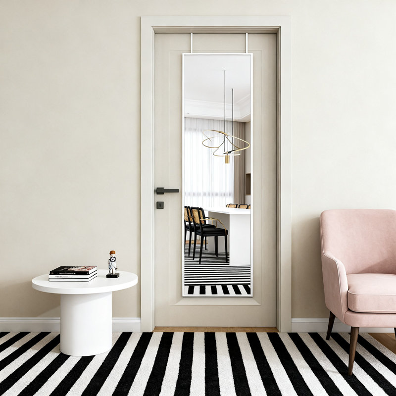 Over-The-Door Full Length Mirror, No Drill Hanging With Metal Hooks, Shatterproof Glass And Aluminum Frame For Bathroom, Bedroom, Entryway Decor 48"X14"(Silver White)