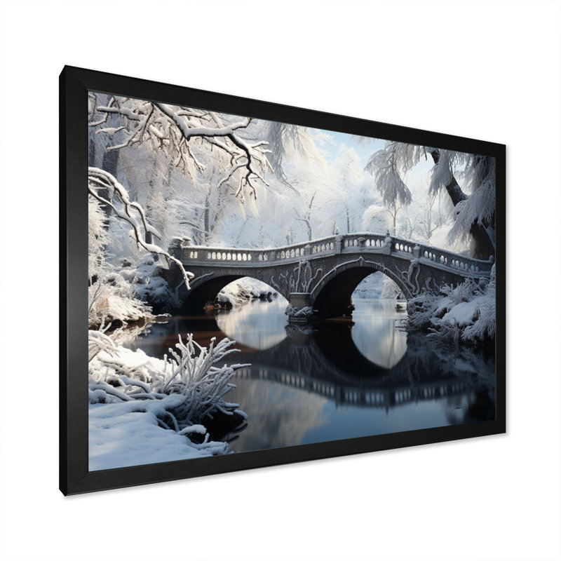 Winter Landscape Snowy Bridges I - Winter Landscape, art mural encadré, H 16 po x l 32 po x P 1 po, Cadre simple noir