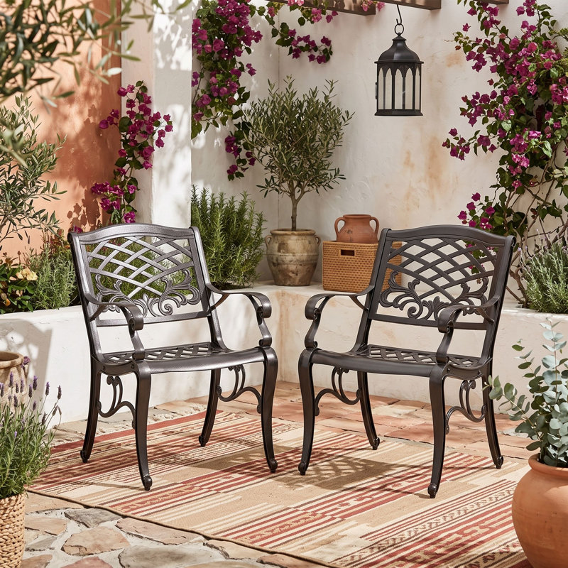 Ensemble de 2 fauteuils d'extérieur avec volutes élégantes, treillis classique, motifs floraux et structures résistantes à la rouille