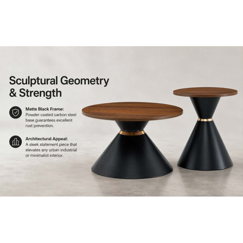Ensemble de 2 tables basses rondes à la mode, comptoir texturé avec base en métal stable, table d'appoint facile à nettoyer dans le salon et la chambre à coucher