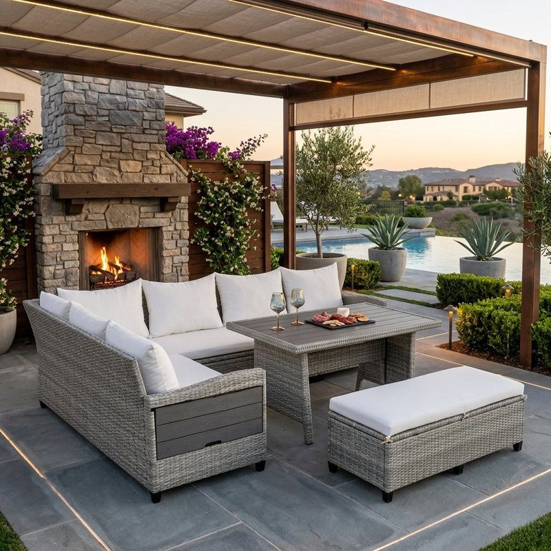 Ensemble de canapé modulaire en rotin de polyéthylène 5 pièces avec 2 tables d'appoint pliables, ensemble de mobilier de jardin en osier en forme de L avec table de salle à manger et banc, coussins