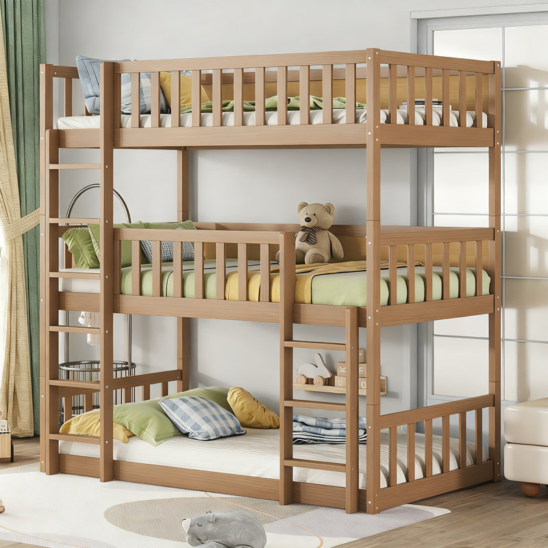 Lit simple superposé en bois d'hévéa simple avec deux échelles intégrées, garde-corps, lits superposés en bois 3-en-1, convertible en 3 lits séparés, simple au-dessus de simple au-dessus de simple