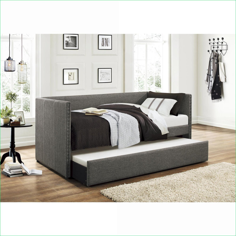 Daybed Sofa | Modern Slate Gray Fabric with Pull-Out Trundle &amp; Nailhead Trim | Wood Frame
