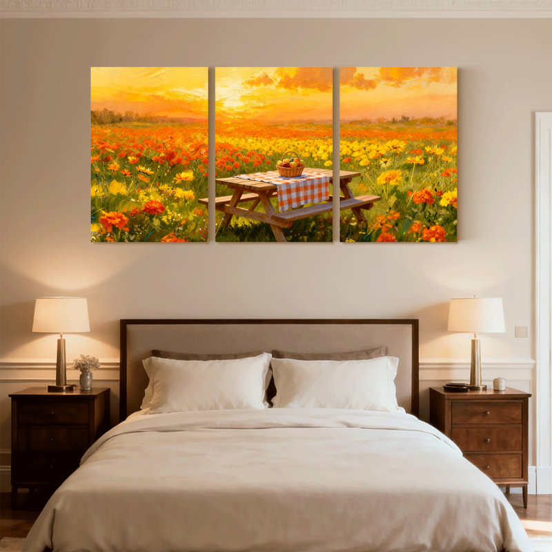 Assortiment de bouquets de fleurs, coucher de soleil, champ de pique-nique, panier de fleurs, ensemble de 3 toiles