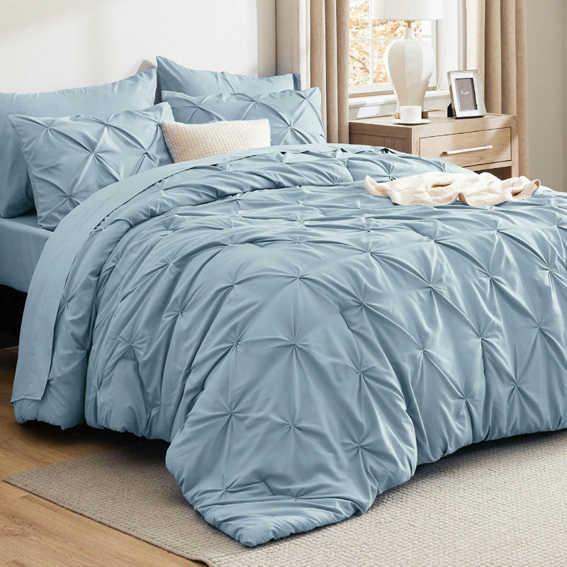 Bedsure Cal King Burgundy Pintuck Bed-in-a-Bag - Light Blue Pinch Pleat Comforter Set with Sheets, Pillowcases & Shams (Set of 7)