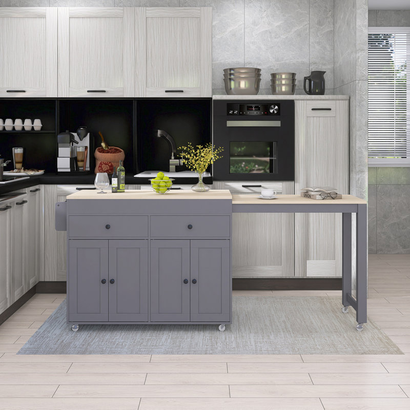 74.5" Kitchen Island With Extendable Dining Table With Spice Rack, Gray