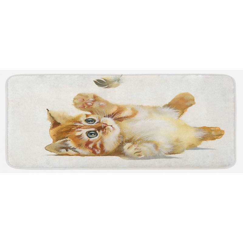 Tapis de cuisine à la main couleur de couleur crème abricoté du chat avec plumes en aquarelle