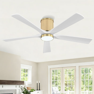54 In. 5 Solid Blades Woven Rattan Cover Indoor Flush Mount Ceiling Fan With Integrated Led And Remote