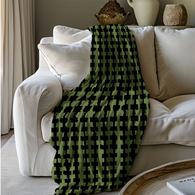 Olive et noir - couverture sherpa de qualité supérieure 1 pièce, Grand lit