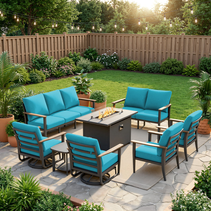 9-Person Aluminum Outdoor Patio Conversation Set With Fire Pit Table, Swivel Rocking Chairs, Wood-Look Armrests & 5.12" Thick Cushions