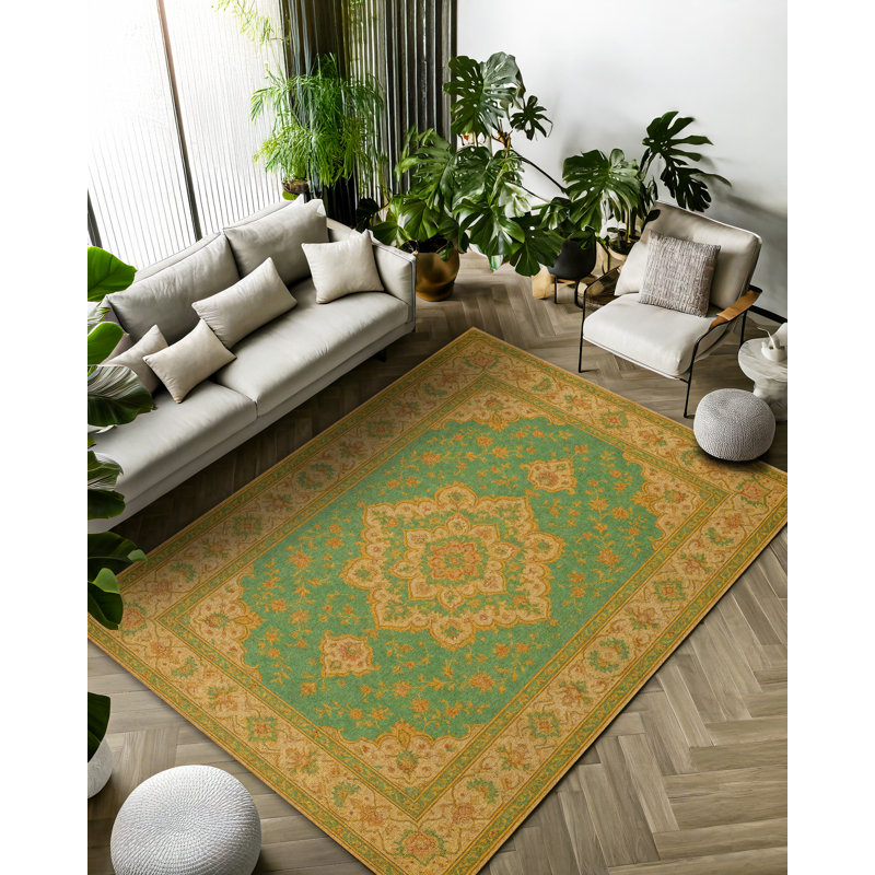 Zyana Collection Digital Print Cotton-Polyester Green Yellow Moroccan Rug, Rectangle 6'7" x 11'6"