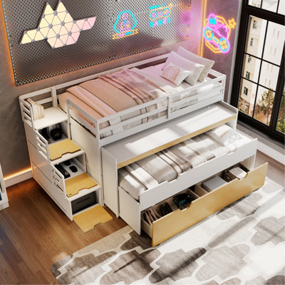 Twin XL Loft Bed with Pull-Out Desk and Twin Trundle, Multi-Functional Bunk Bed with 2 Storage Drawers and Storage Steps, Space-Saving Gaming & Workstation Bedframe, White+Wood Color