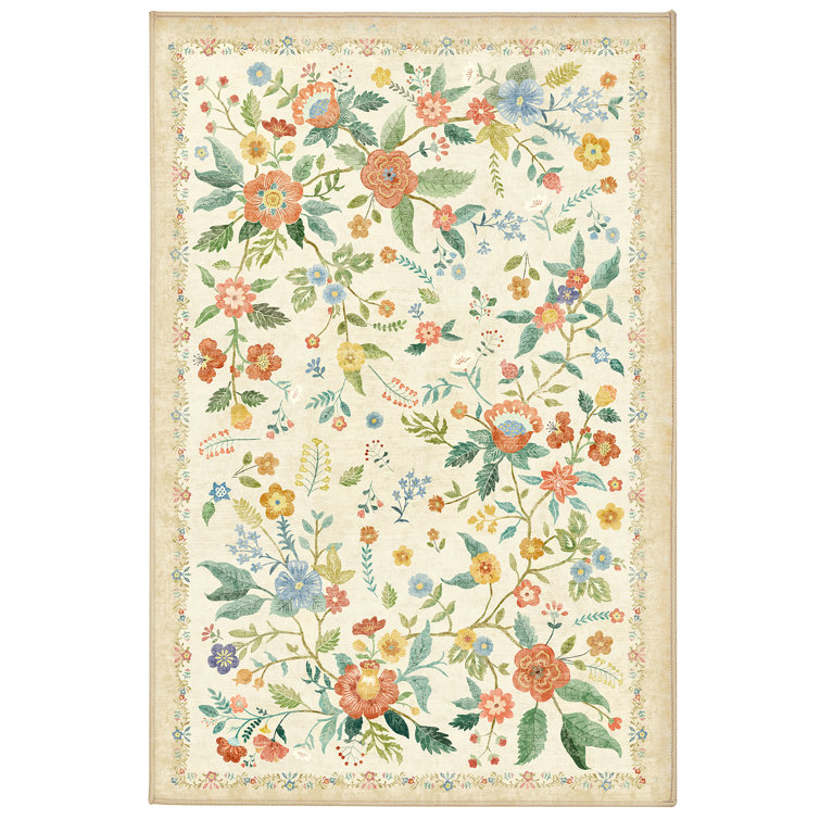 Floral  Area Rug Machine Washable Boho Area Rugs with Non-Slip Backing, Oriental Inspired Vintage Design for Living Room, Bedroom, Dining Room, and Home Office