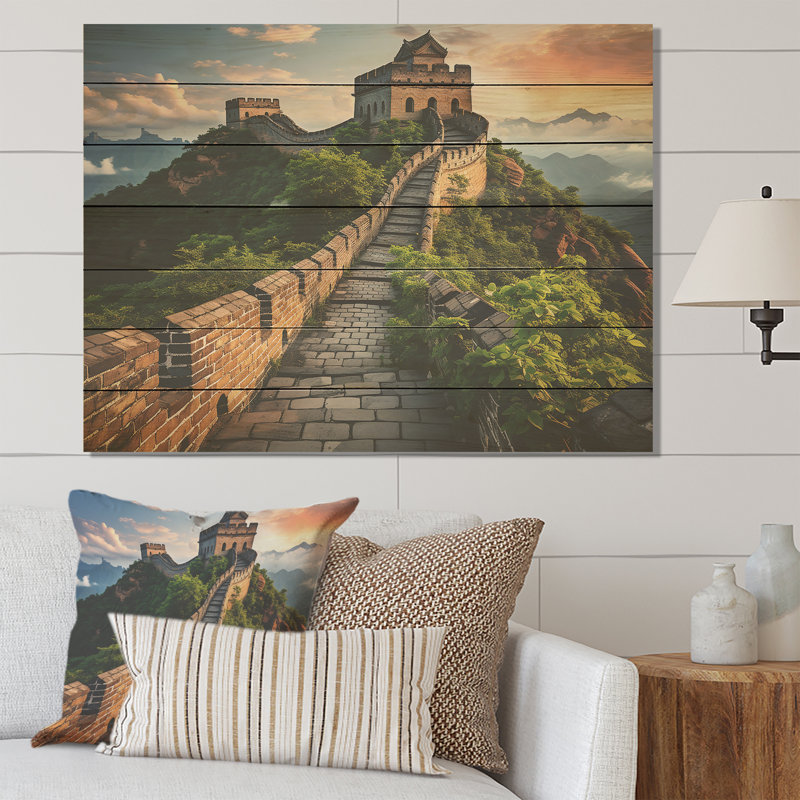 Grande muraille de Chine au coucher du soleil - Chine sur bois, H 10 po x l 20 po