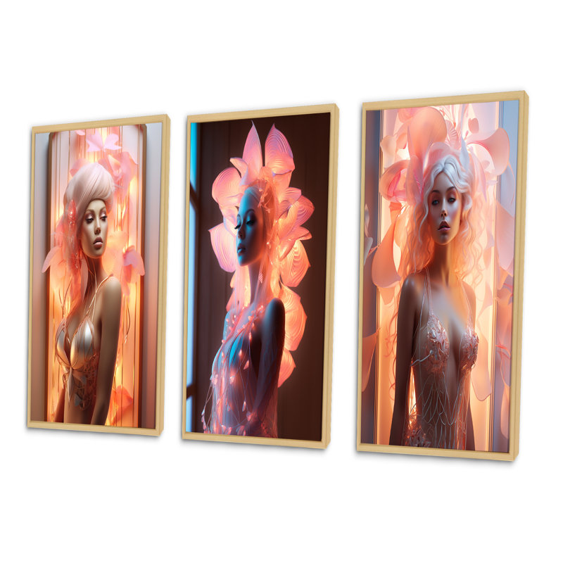 «Pink Cabaret Sensual Dancer VI», ensemble de 3 reproductions, Cadre naturel flottant, H 28 po x l 36 po