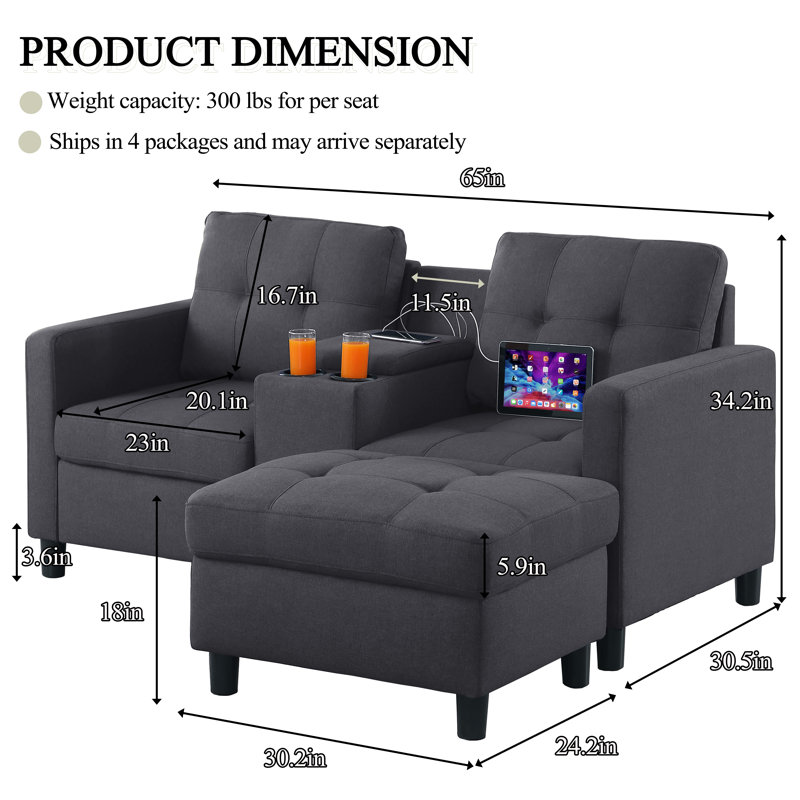 Kentrell 65'' Square Arms Loveseat W/ USB Ports & Storage, Dark Gray