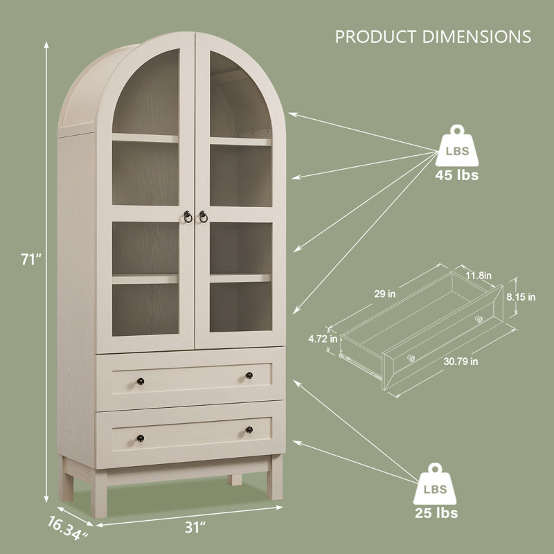 71" Tall Arched Bookshelf, 4-Tier Bookcase with Glass Doors and Shelves, Wooden Display Cabinet w/2 Large Storage Drawers, Modern Farmhouse Versatile Bookshelf for Living Room, Study, Office
